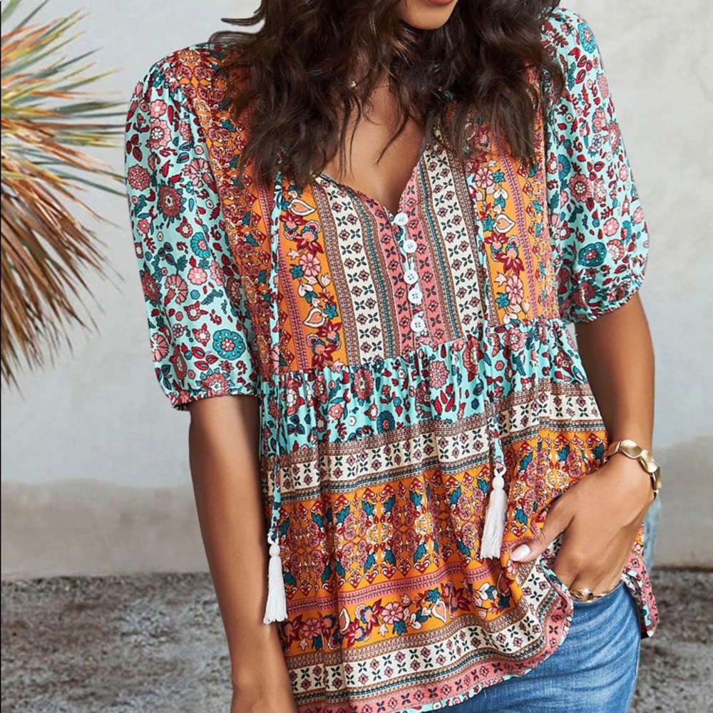 🧡 BOHO BLUE ORANGE MULTI FLORAL LOOSE FIT TOP! - Picture 1 of 8